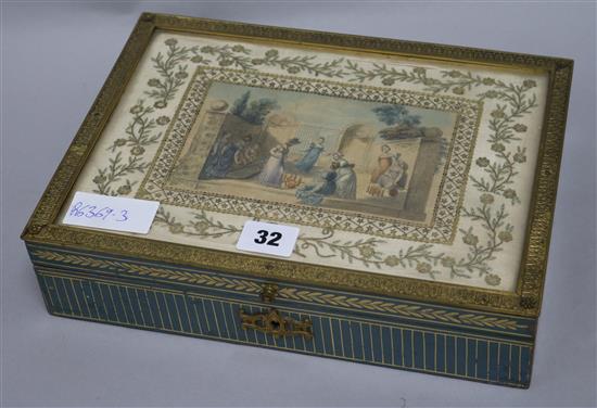 A 19th century French box with inset textile panel 28.5 x 21cm